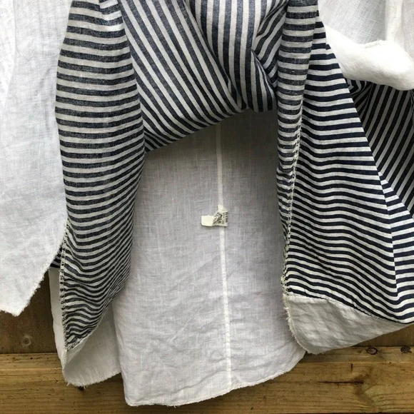 AMO 100% Linen Lagenlook Midi Dress White Navy Stripes Layered Italy with Scarf - Picture 13 of 14